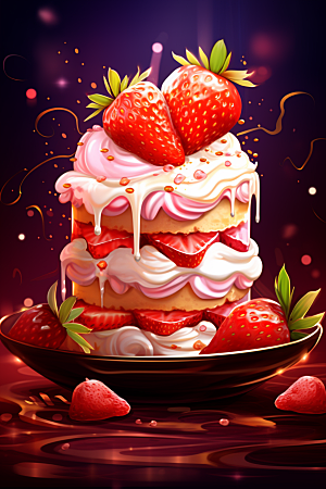 可爱草莓巴菲奶油蛋糕甜食插画