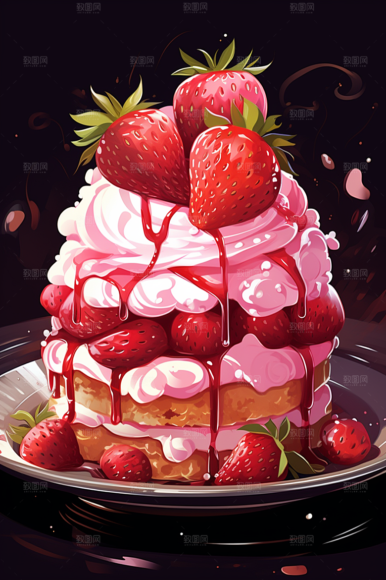 可爱草莓巴菲甜品美食插画