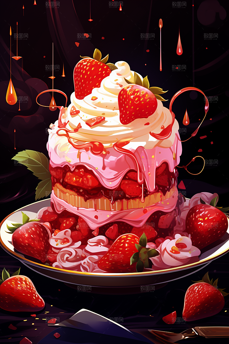 可爱草莓巴菲甜品奶油蛋糕插画