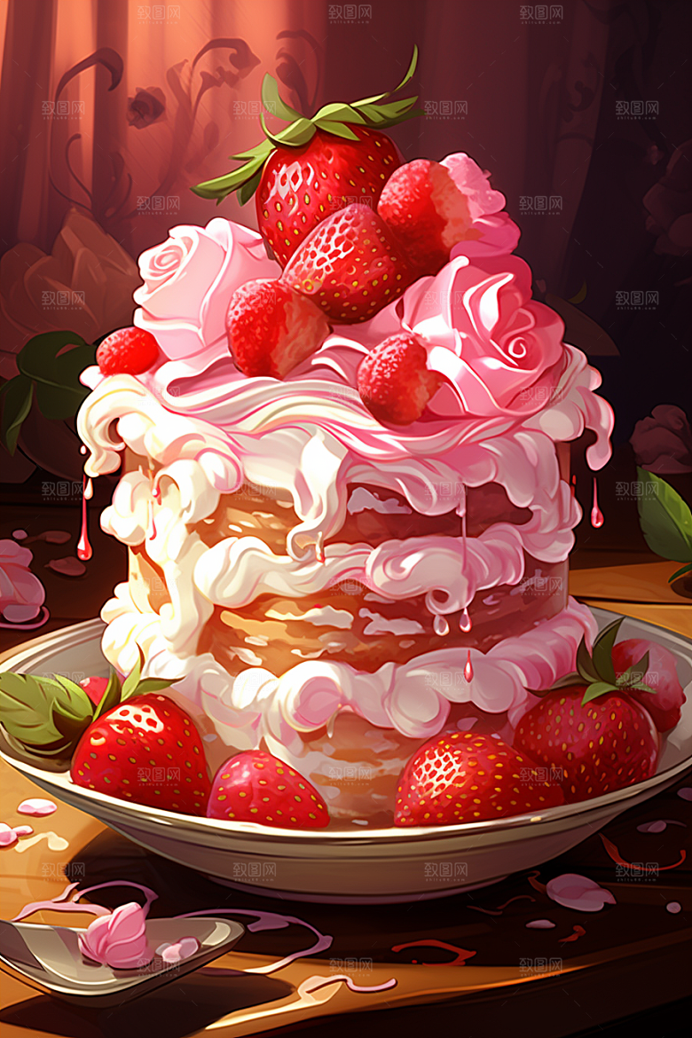 可爱草莓巴菲奶油蛋糕水果蛋糕插画