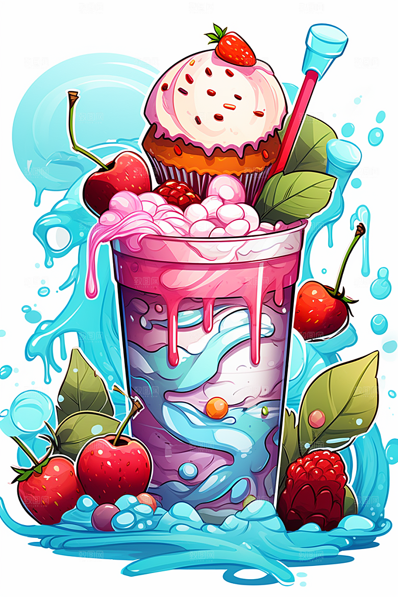 可爱草莓巴菲甜品水果蛋糕插画
