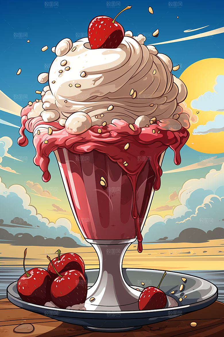 可爱草莓巴菲美食甜品插画
