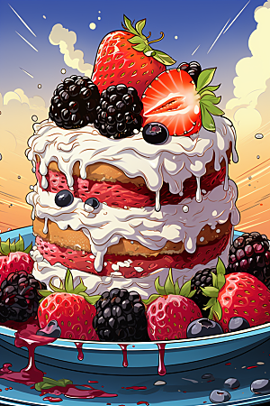 可爱草莓巴菲奶油蛋糕美食插画