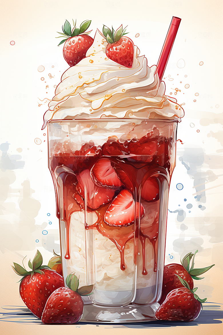 可爱草莓巴菲美食甜品插画