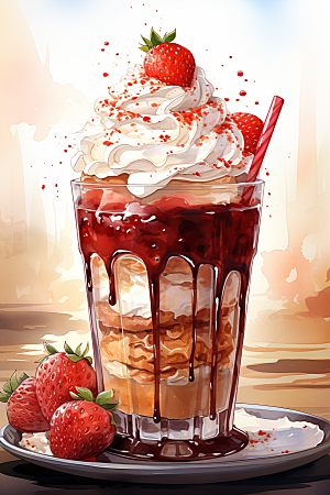 可爱草莓巴菲甜品美食插画