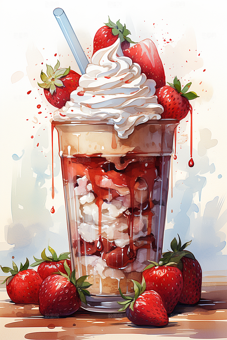 可爱草莓巴菲杯子蛋糕高清插画
