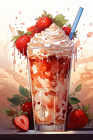 可爱草莓巴菲杯子蛋糕甜食插画