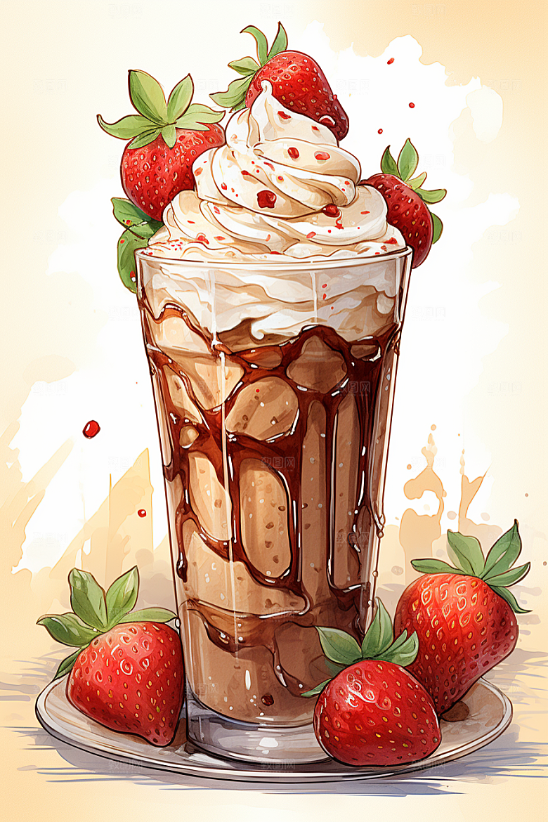 可爱草莓巴菲美食杯子蛋糕插画