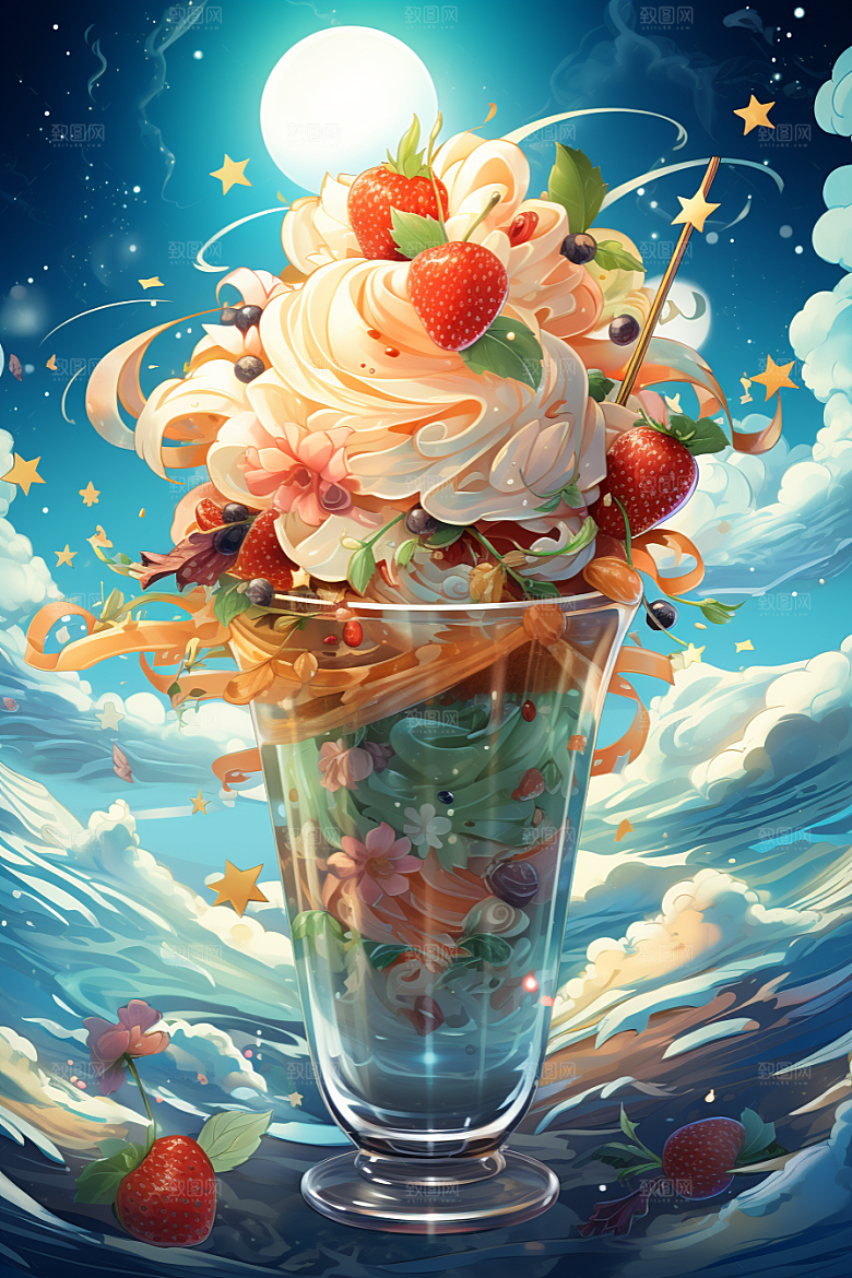 可爱草莓巴菲杯子蛋糕甜食插画