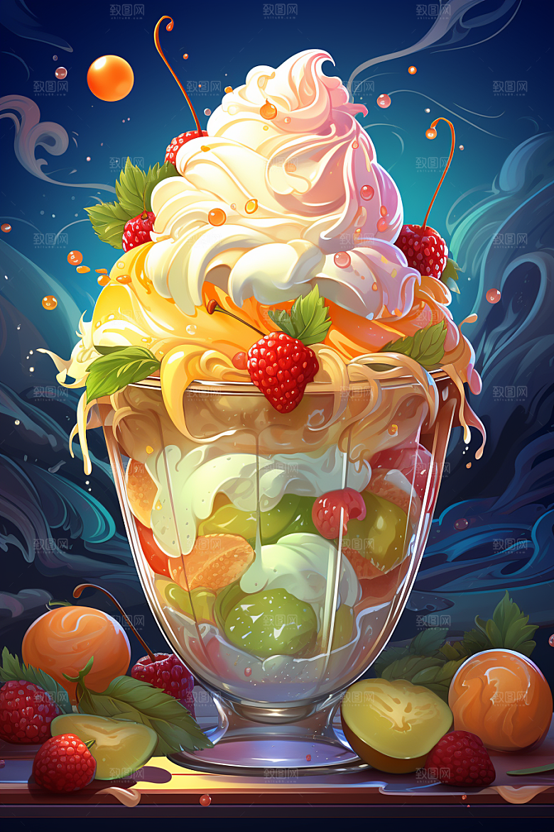 可爱草莓巴菲杯子蛋糕美食插画