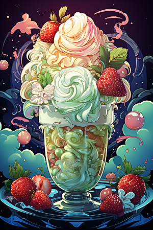 可爱草莓巴菲高清奶油蛋糕插画