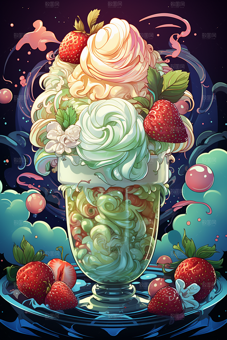 可爱草莓巴菲高清奶油蛋糕插画