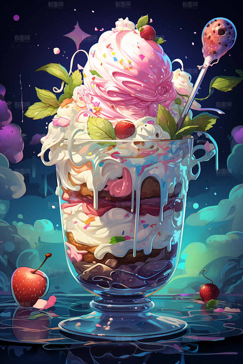 可爱草莓巴菲甜品甜食插画