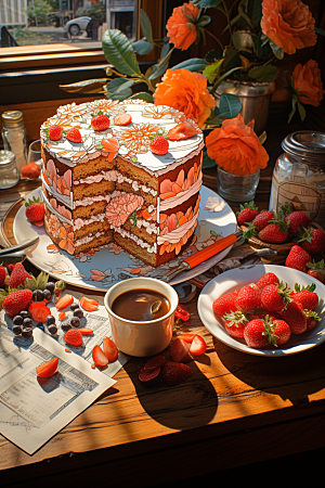 可爱草莓巴菲水果蛋糕高清插画