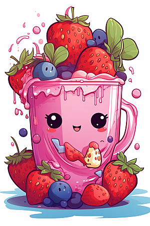 可爱草莓巴菲杯子蛋糕甜品插画