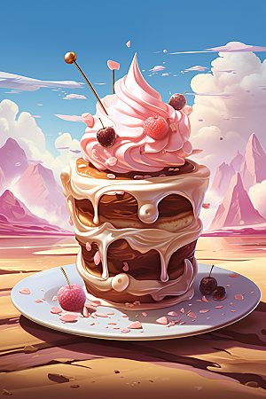 可爱草莓巴菲杯子蛋糕甜食插画
