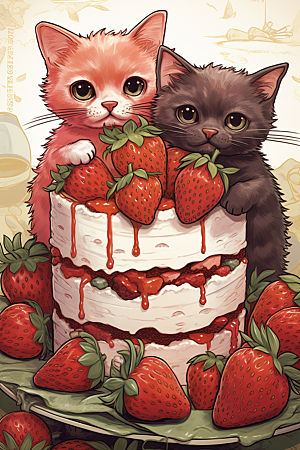 可爱草莓巴菲杯子蛋糕高清插画