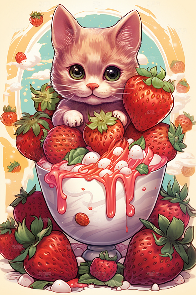 可爱草莓巴菲奶油蛋糕甜品插画