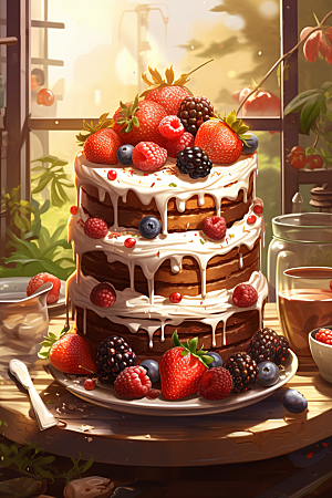 可爱草莓巴菲杯子蛋糕美食插画
