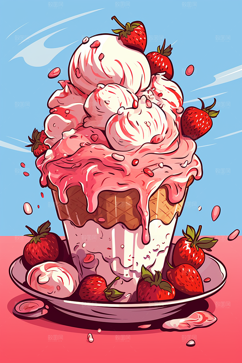可爱草莓巴菲甜品美食插画