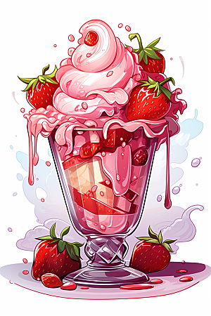 可爱草莓巴菲杯子蛋糕甜品插画