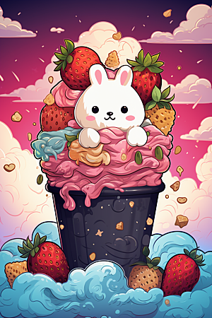 可爱草莓巴菲甜食高清插画