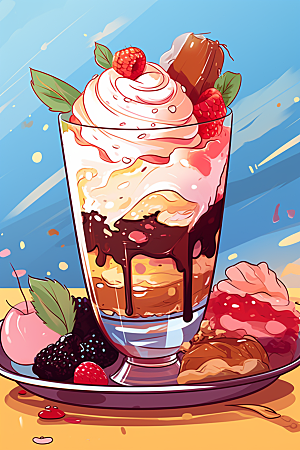 可爱草莓巴菲水果蛋糕奶油蛋糕插画
