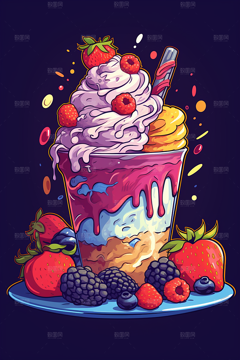 可爱草莓巴菲杯子蛋糕奶油蛋糕插画