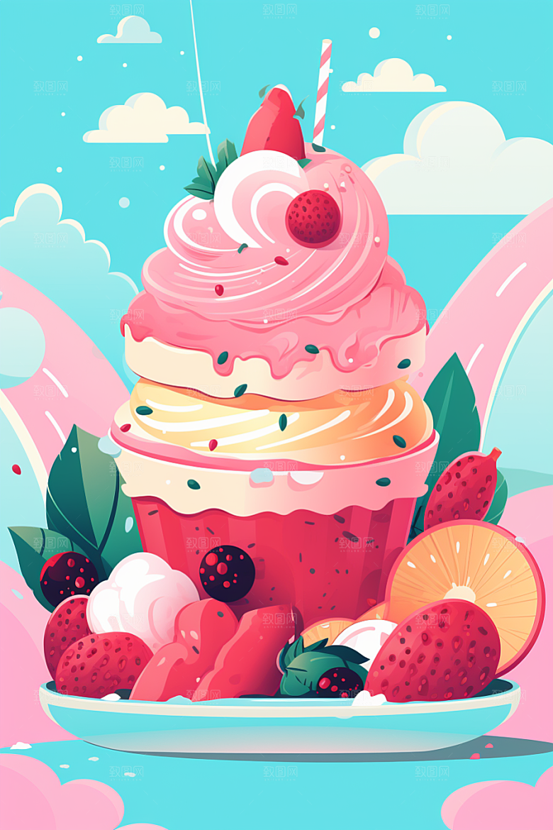 可爱草莓巴菲高清奶油蛋糕插画