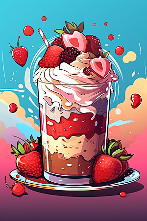 可爱草莓巴菲奶油蛋糕美食插画