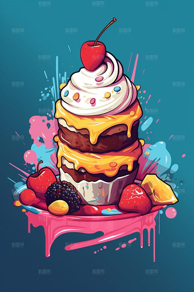 可爱草莓巴菲杯子蛋糕水果蛋糕插画
