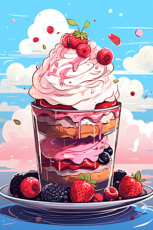 可爱草莓巴菲美食奶油蛋糕插画