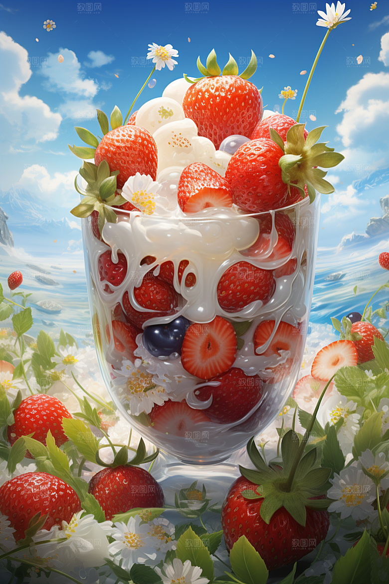 可爱草莓巴菲甜品杯子蛋糕插画