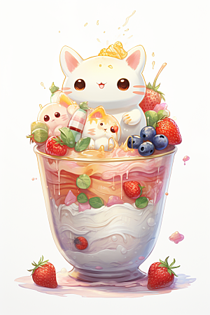 可爱草莓巴菲美食杯子蛋糕插画