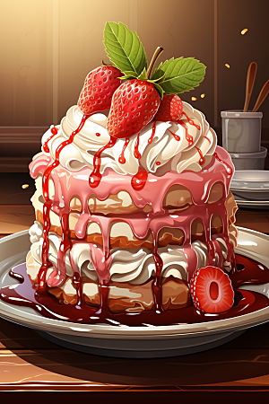 可爱草莓巴菲水果蛋糕美食插画