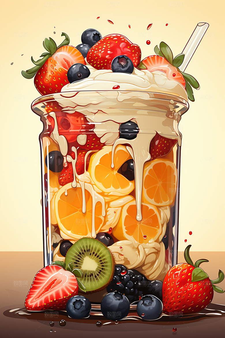 可爱草莓巴菲奶油蛋糕杯子蛋糕插画