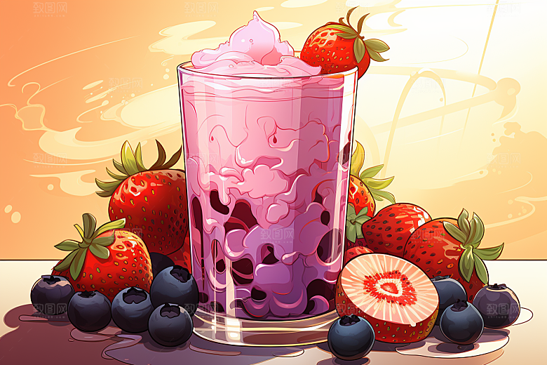 可爱草莓巴菲杯子蛋糕甜品插画