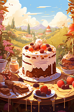 可爱草莓巴菲甜食奶油蛋糕插画