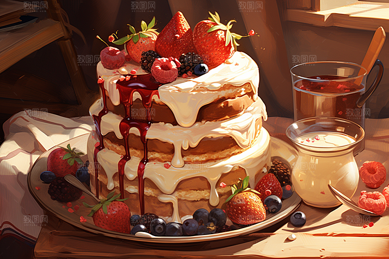 可爱草莓巴菲美食甜品插画