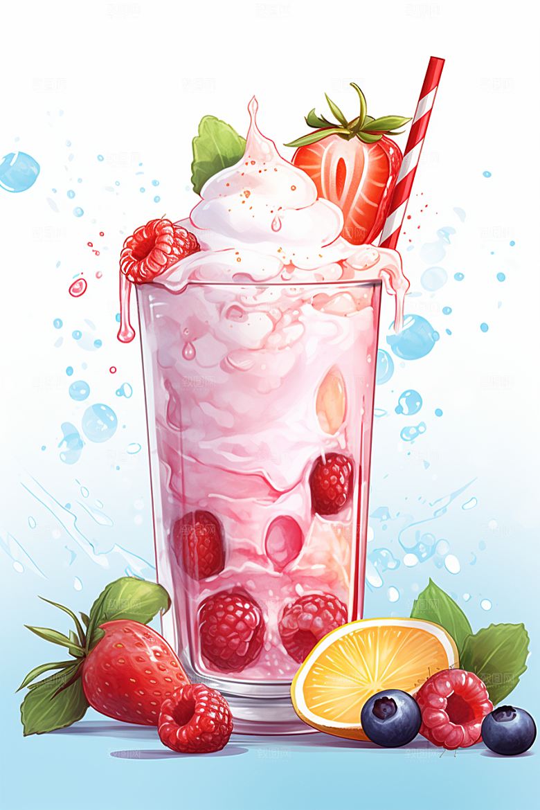可爱草莓巴菲甜食杯子蛋糕插画