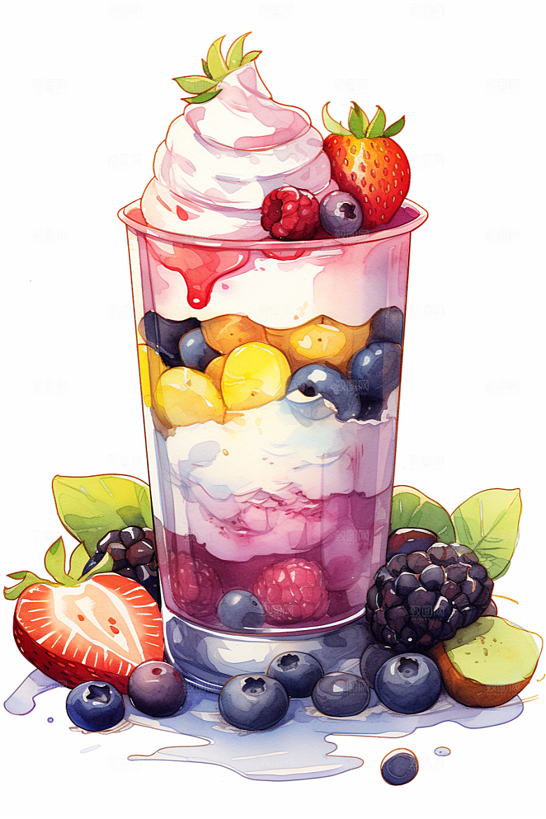 可爱草莓巴菲高清甜品插画