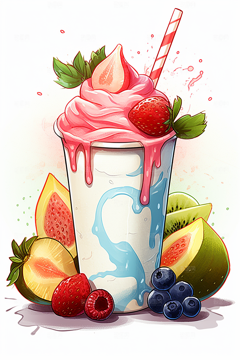 可爱草莓巴菲奶油蛋糕甜品插画