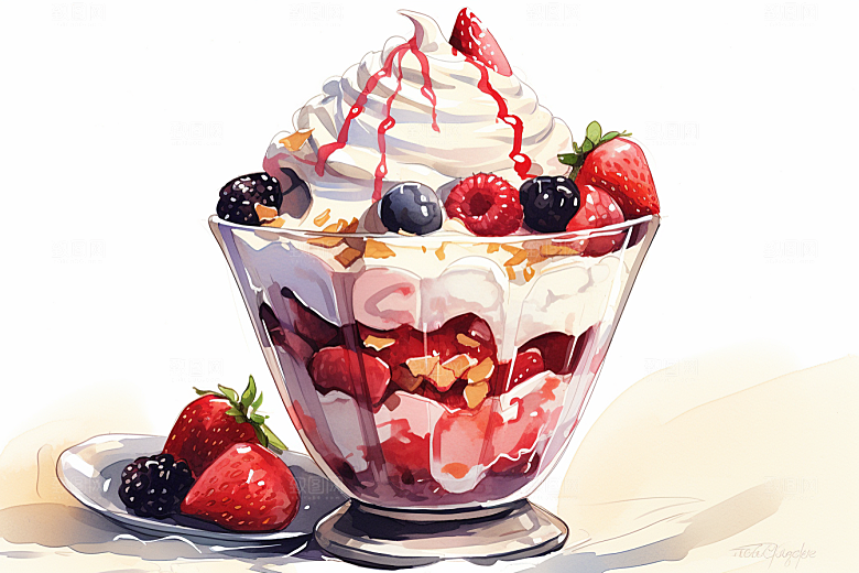 可爱草莓巴菲甜品美食插画