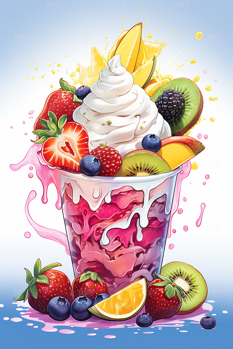 可爱草莓巴菲杯子蛋糕甜品插画