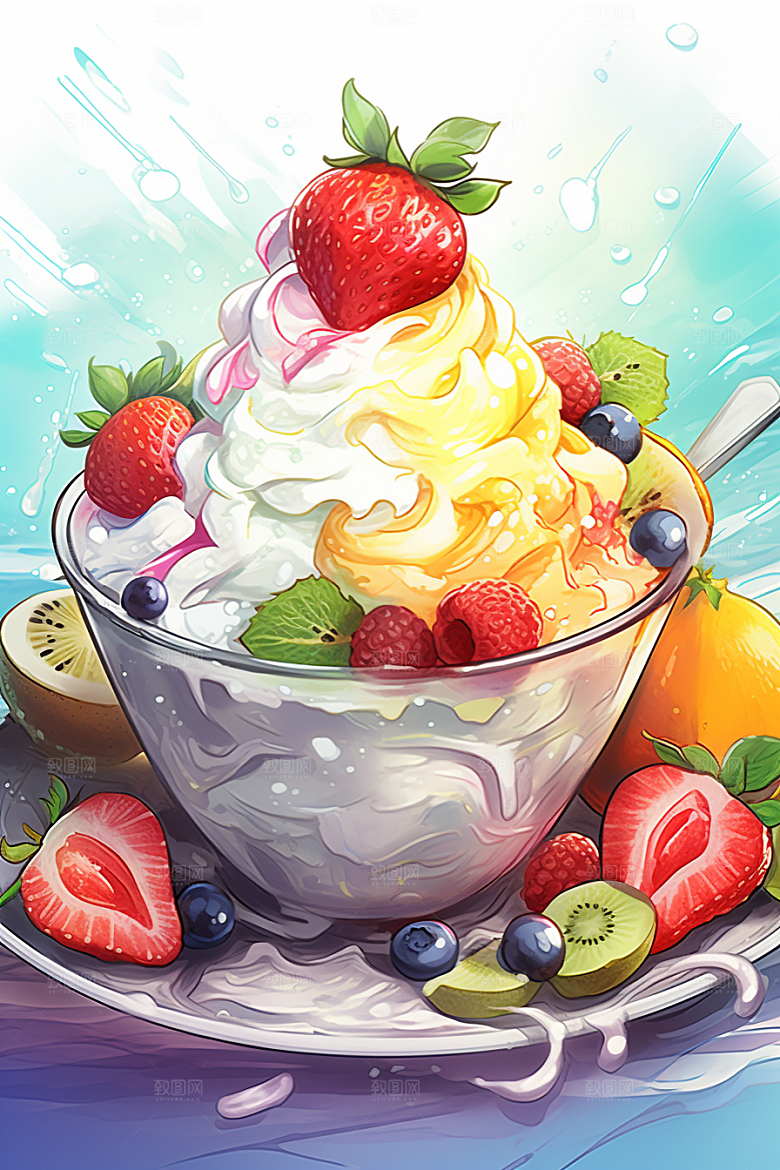 可爱草莓巴菲甜食甜品插画