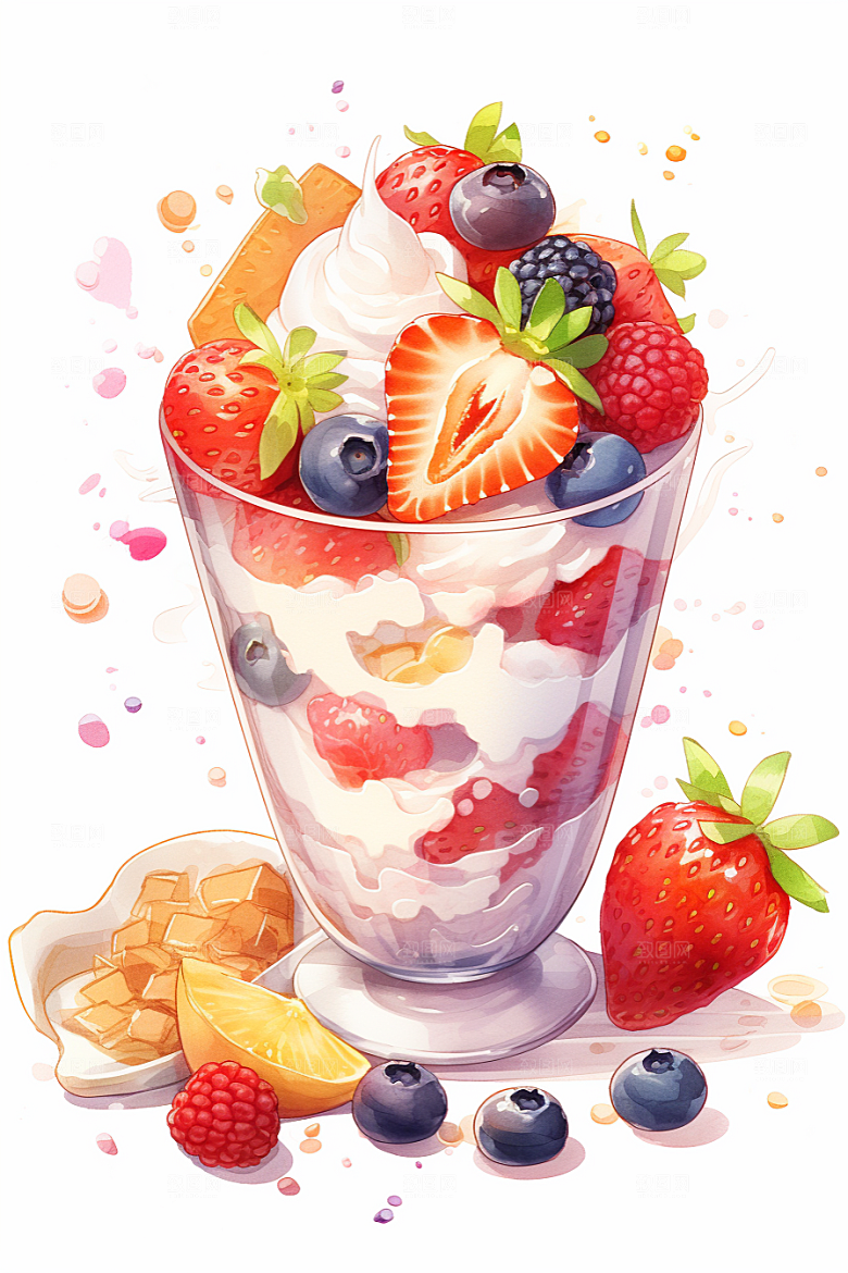 可爱草莓巴菲杯子蛋糕高清插画
