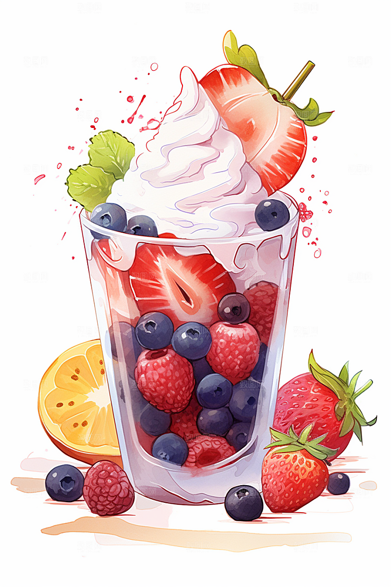 可爱草莓巴菲甜食杯子蛋糕插画