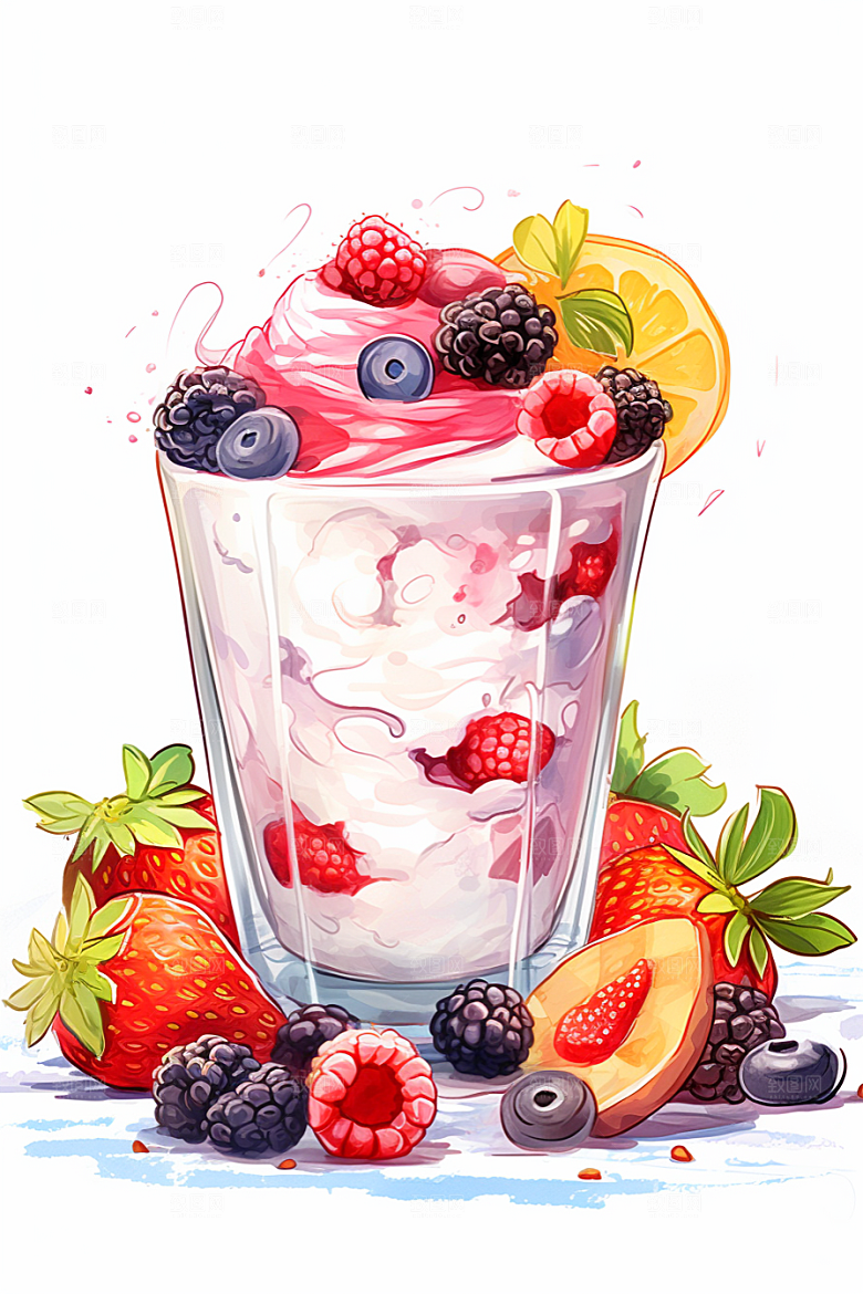 可爱草莓巴菲甜品杯子蛋糕插画