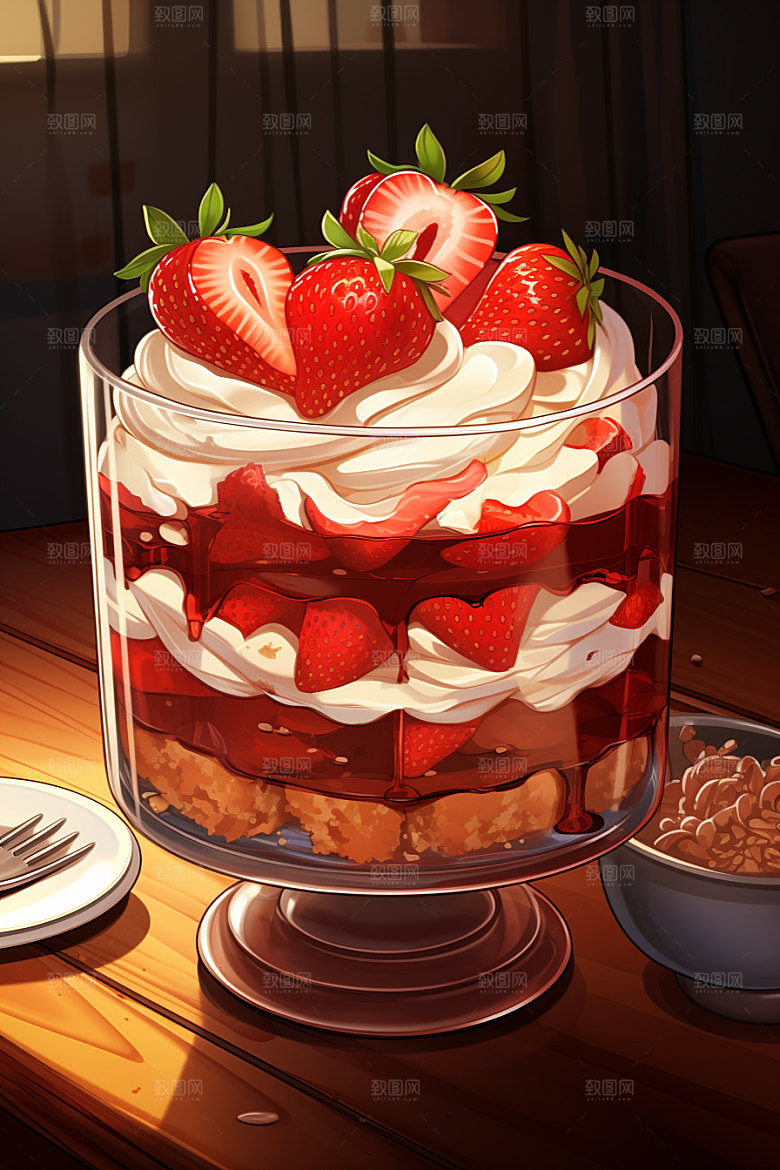 可爱草莓巴菲杯子蛋糕甜品插画