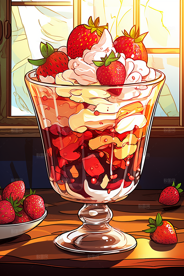 可爱草莓巴菲水果蛋糕甜食插画